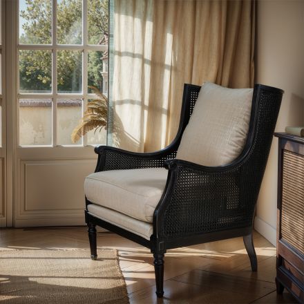 Havana Linen and Rattan Wingback Armchair in BLACK