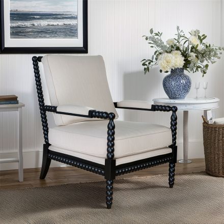 Hamptons Coastal Bobbin Linen and Timber Armchair in BLACK