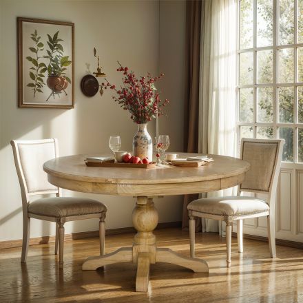 French Provincial Pedestal Round 140-180cm Extendable Dining Table NATURAL in Elm wood