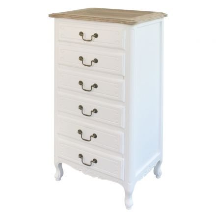 French Provincial 6 Drawer Tallboy Cabinet - White with Oak Top