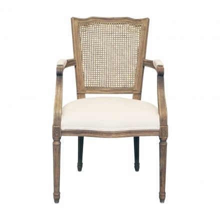 French Provincial Set of 2 Louis Rattan Upholstered Dining Arm Chair in Natural Oak