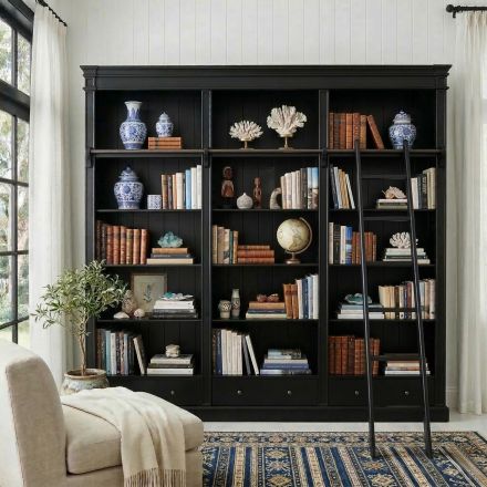 Hamptons Open Library Bookcase with Ladder Black