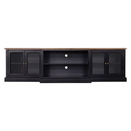 Hamptons 4 Glass Door TV Unit Entertainment Stand in BLACK/WHITE with Natural Top													