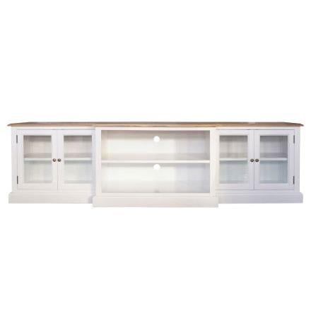 Hamptons 4 Glass Door TV Unit Enternment Stand in BLACK / WHITE with Natural Top													