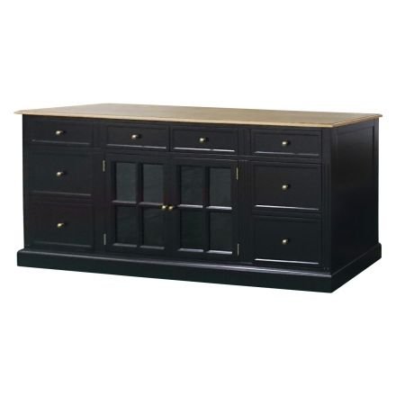 Hamptons 8 Drawers 2 Glass Door Large Glass Sideboard Buffet Cabinet in BLACK / WHITE with Natural Top												