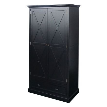 Hamptons Crossed Wooden Door Wardrobe with Drawer in BLACK or WHITE																