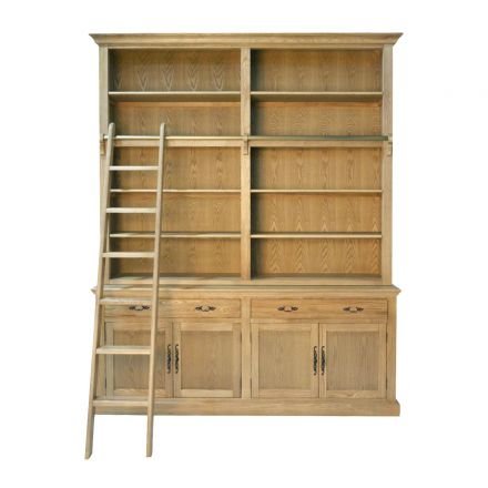 Hamptons Natural Oak Open Double Buffet and Hutch Bookcase with Ladder