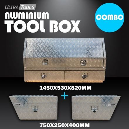 COMBO - Ultra Tools 2.5mm Aluminium 1450x530x820mm Side Opening Tool Box 2 Drawers + 1.5mm Aluminium 750x250x400mm Under Tray Side Tool Box 