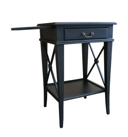 Hamptons Cross Black Bedside Lamp Table with Drawer Left Handle 