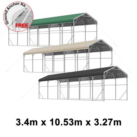 Single Carport 3.4m x 10.53m x 3.27m Backyard Portable Vehicle & Boat Shelter with Wrapped Roof