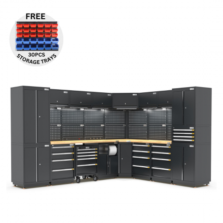 UltraTools 2610/3240mm x 580mm x 2020mm Black Semi-Industrial Workshop Garage Storage Corner Cabinet Set
