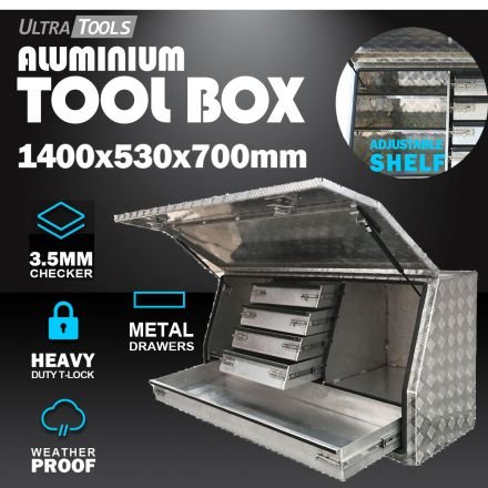 Aluminium Ute Tool Box 2.5mm 1450x530x700mm 5 Drawers Side Opening Vehicle Storage Metal Drawers