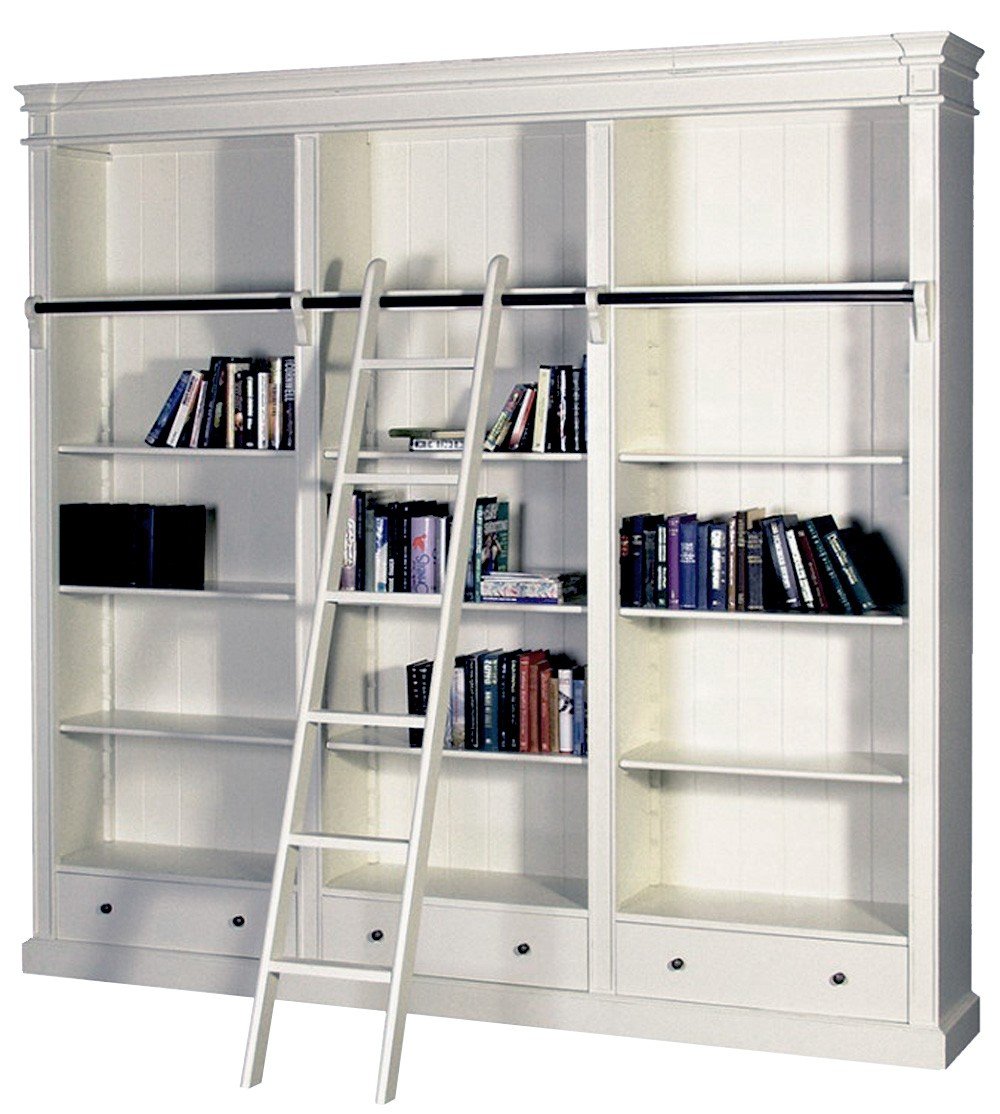 Open Library Bookcase With Ladder White, White Library Bookcase With Doors