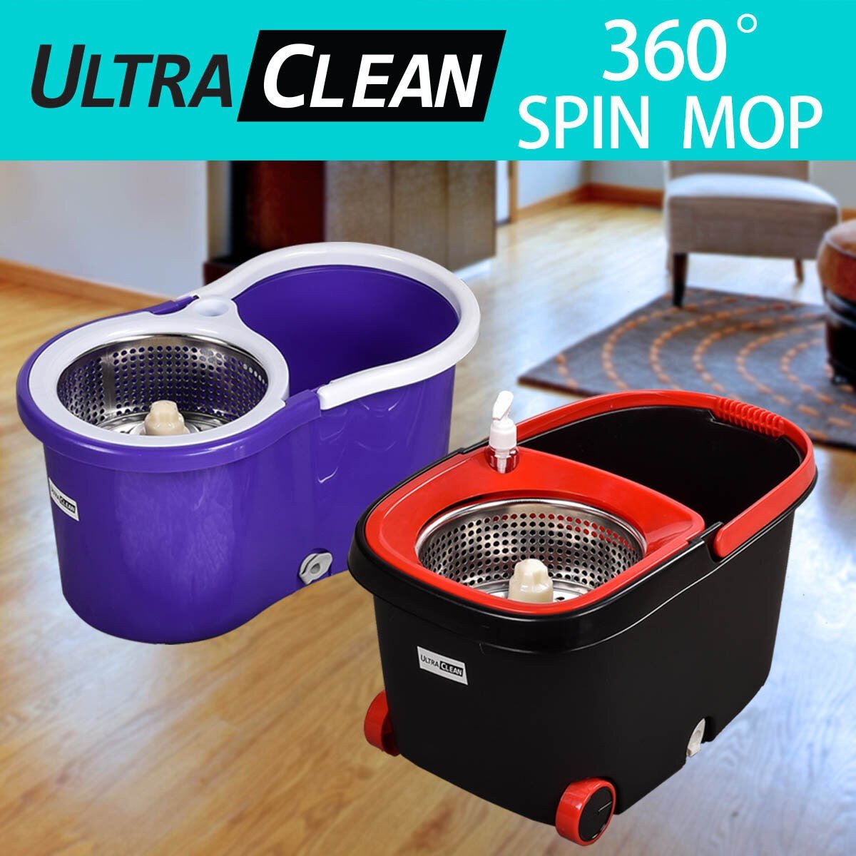 360 DEGREE SPINNING MOP BUCKET HOME CLEANER CLEANING WITH TWO SPIN MOP HEADS