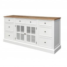 Hamptons 8 Drawers 2 Glass Door Large Glass Sideboard Buffet Cabinet in BLACK / WHITE with Natural Top
