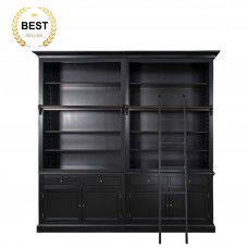 Hamptons Halifax Hutch Open Extendable Bookcase Buffet 250cm - 368cm Wide with Ladder Black