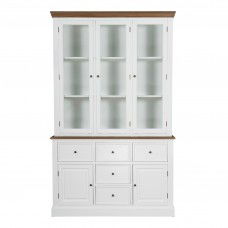 Hamptons Coastal Hutch and Buffet Tempered Glass Display Cabinet with 5 Drawers in WHITE