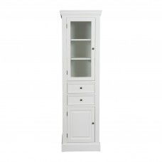 Hamptons Coastal Tall Glass Door Cabinet with 2 Drawers and Cupboard in WHITE