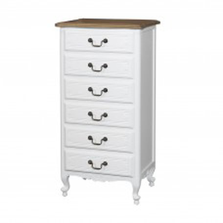 French Provincial 6 Drawer Tallboy Cabinet - White with Ash Top