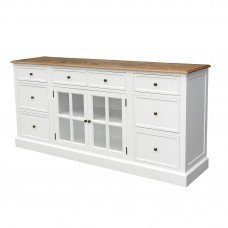 Hamptons 8 Drawers 2 Glass Door Large Glass Sideboard Buffet Cabinet in BLACK / WHITE with Natural Top