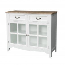 Hamptons 2 Drawers Glass Sideboard Buffet Cabinet in WHITE BLACK with Natural Top