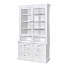 Hamptons 2 Glass Door Kitchen Cabinet with 6 Drawers Cupboard White
