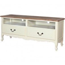French Provincial Home Furniture White TV Unit Entertainment Stand with Oak Top 