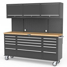 UltraTools Black 72" Mobile Work Bench with 15 Drawers Tool Chest & 3 Overhead Cabinet