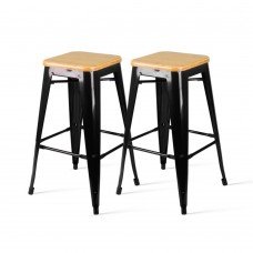 Set Of 2 Replica Tolix Kitchen Bar Stool Bamboo Seat 66cm Black