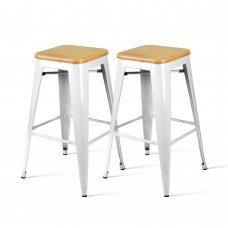 Set Of 2 Steel Kitchen Bar Stools Bamboo Seat  66cm - White 