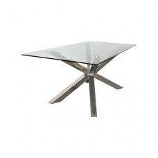Dining Table In Crisscross Shaped High Glossy Stainless Steel Base With 12mm Tempered Glass Top
