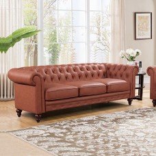 3 Seater Brown Sofa Lounge Chesterfireld Style Button Tufted In Faux Leather
