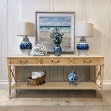 Hamptons Halifax Side Cross 3 Drawers Console Hall Table - Natural Oak