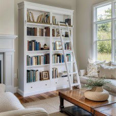 Hamptons Open Library Bookcase with Ladder 170cm Width in WHITE