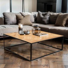 Urban Living Style Loft Square Parquet Oak Solid Timber Coffee Table with Black Metal Frame