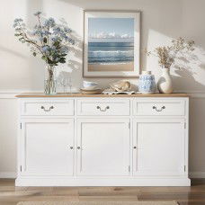 Hamptons 3 Drawers Sideboard Buffet in BLACK / WHITE with Natural Top						
