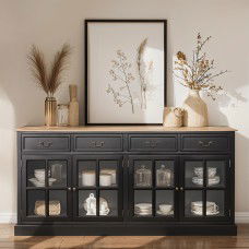 Hamptons 4 Drawers 4 Glass Door Sideboard Buffet Cabinet in BLACK / WHITE with Natural Top