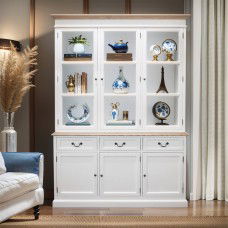 Hamptons Buffet and Hutch Tempered Glass Display Cabinet Bookcase with Drawers in BLACK or WHITE