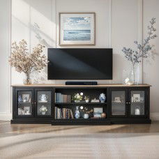 Hamptons 4 Glass Door TV Unit Entertainment Stand in BLACK/WHITE with Natural Top													