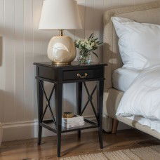 Hamptons Cross Black Bedside Lamp Table with Drawer 