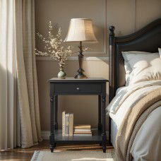 French Provincial Classic Bedside Lamp Table with One Drawer – Black / White