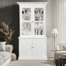 Hamptons Halifax Criss Cross Glass Door Display Hutch and Buffet Cabinet Bookcase in Black White