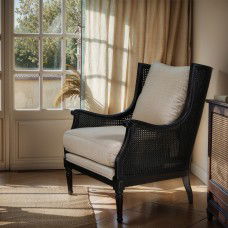 Havana Linen and Rattan Wingback Armchair in BLACK