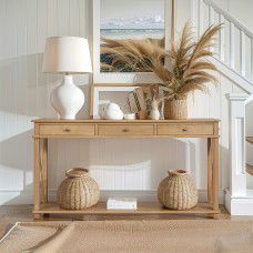 Hamptons Halifax Side Cross Drawers Console Hall Table Furniture Natural Ash