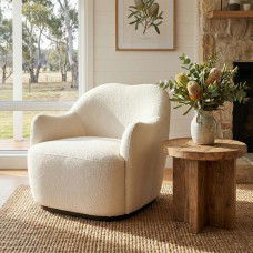Contemporary Bouclé Swivel Accent Armchair – Cozy Deep Seat Curved WITH Latte and Butter Cream Colour