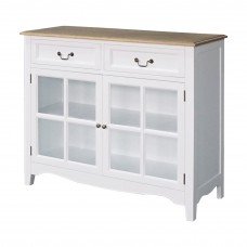 Hamptons 2 Drawers Glass Sideboard Buffet Cabinet in BLACK / WHITE with Natural Top												