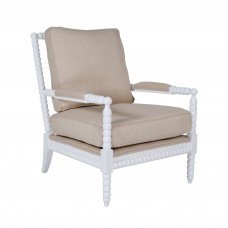 Hamptons Coastal Bobbin Linen and Timber Armchair White Beige (Side Front)