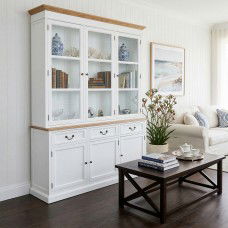 Hamptons Buffet and Hutch Tempered Glass Display Cabinet Bookcase with Drawers in BLACK or WHITE