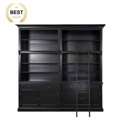 Hamptons Halifax Hutch Open Extendable Bookcase Buffet 250cm - 368cm Wide with Ladder Black