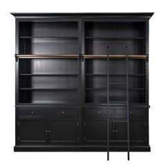 Hamptons Halifax Hutch Open Extendable Bookcase Buffet 250cm - 368cm Wide with Ladder Black